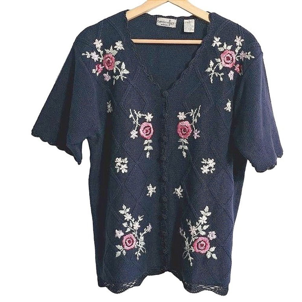 Vintage by Design Knit top size 1X rose embroidered Navy‎ Blue